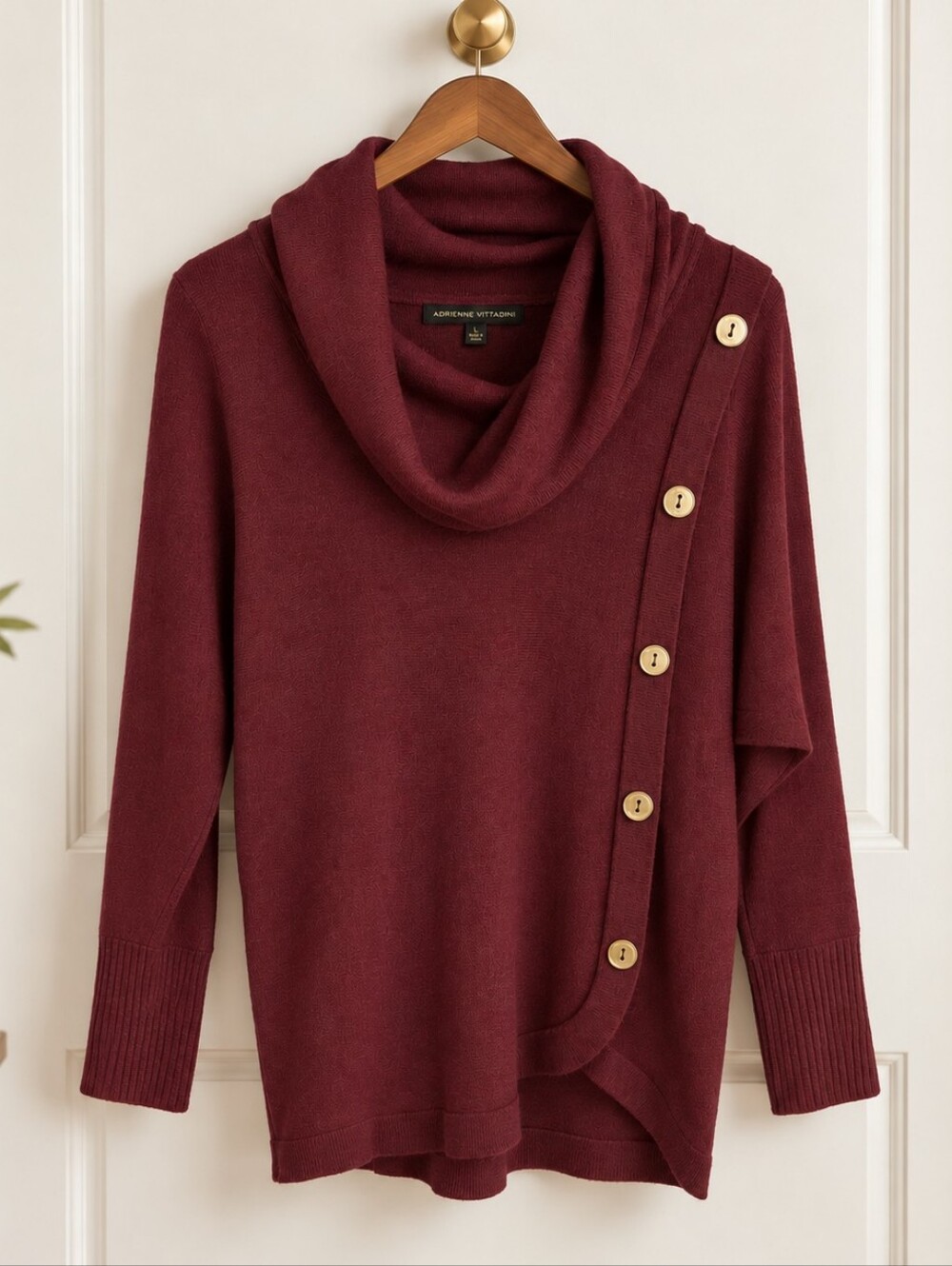 Adrienne Vittadini Burgundy Cowl Neck Asymmetrical Sweater L 23.5" PTP